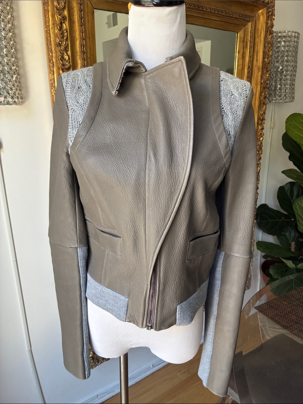 Thakoon Taupe & Light Gray Mixed Leather Jacket size 2